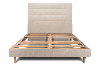 Lit 180x200 cm - Sommier à lattes H29 cm + tête de lit capitonnée - Tissu Toile natté Beige Brun