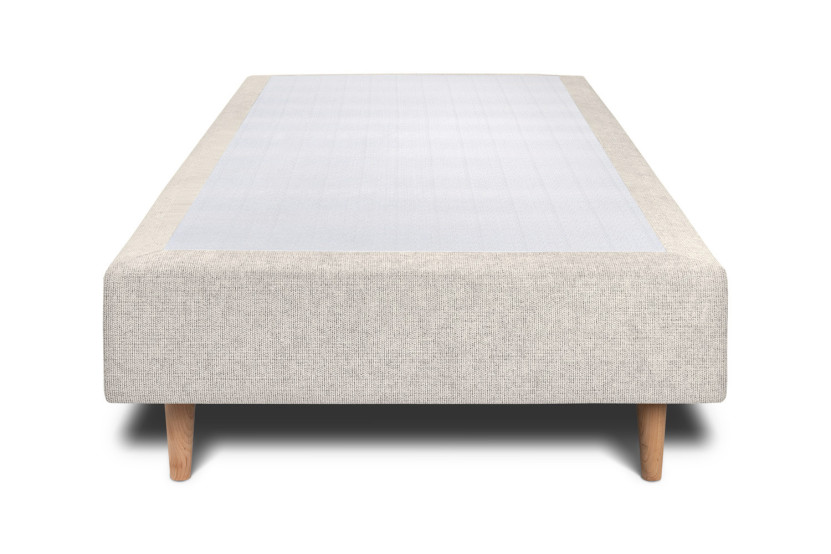 Lit 90x190 cm - Sommier tapissier H35 cm + tête de lit à lignes - Tissu Toile natté Beige Clair