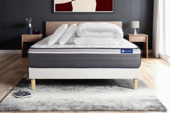 Pack lit complet 200x200 cm - Matelas + Sommier Blanc (en kit) + 2 oreillers + Couette - Actilatex Plus
