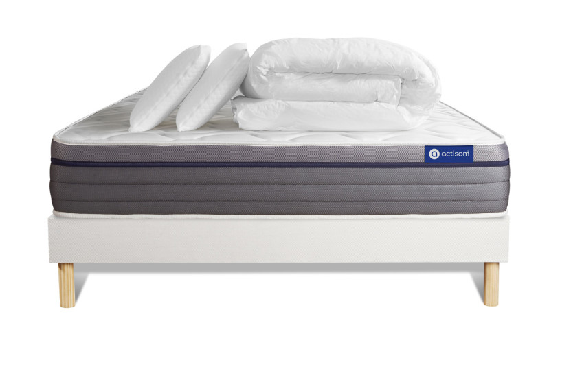 Pack lit complet 140x190 cm - Matelas + Sommier Blanc (en kit) + 2 oreillers + Couette - Actiflex Zen