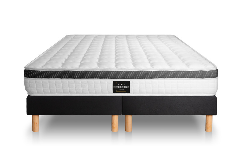 Pack lit complet 200x200 cm - Matelas + 2 Sommiers Noirs + 2 oreillers + Couette - Supérieur