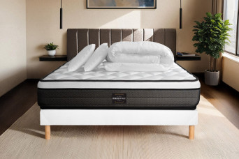 Pack lit complet 140x200 cm - Matelas + Sommier Blanc (en kit) + 2 oreillers + Couette - Suite