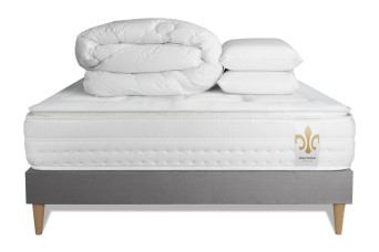 Pack lit complet 140x200 cm - Matelas + Sommier Gris + 2 oreillers + Couette - Vingt-Huit PLUS