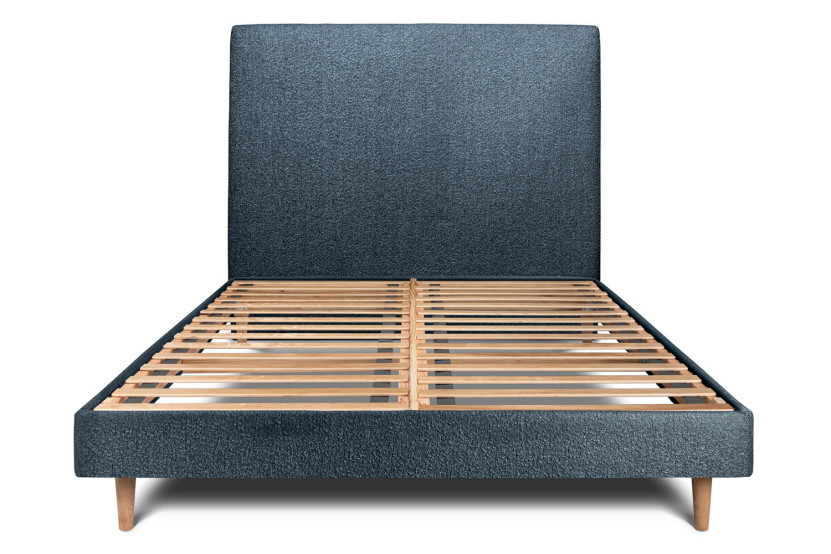 Lit 140x200 cm - Sommier à lattes H29 cm + tête de lit tapissée - Tissu Bouclette Bleu