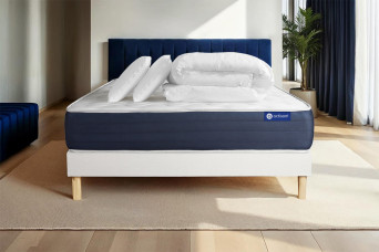 Pack lit complet 200x200 cm - Matelas + Sommier Blanc (en kit) + 2 oreillers + Couette - Actiflex Sleep