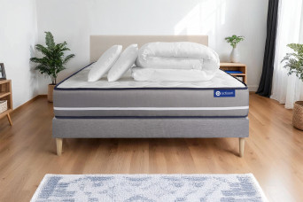 Pack lit complet 200x200 cm - Matelas + Sommier Gris (en kit) + 2 oreillers + Couette - Actiflex Pur