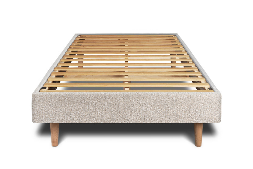 Lit 90x200 cm - Sommier à lattes H29 cm + tête de lit tapissée - Tissu Bouclette Beige Clair