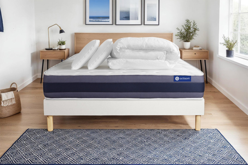 Pack lit complet 160x200 cm - Matelas + Sommier Blanc (en kit) + 2 oreillers + Couette - Actiflex Morpho