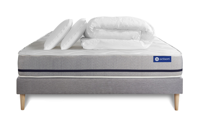 Pack lit complet 200x200 cm - Matelas + Sommier Gris (en kit) + 2 oreillers + Couette - Actilatex Soft