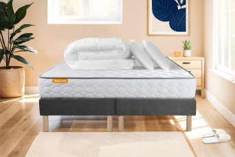 Pack lit complet 180x200 cm - Matelas + 2 Sommiers Gris + 2 oreillers + Couette - Memo