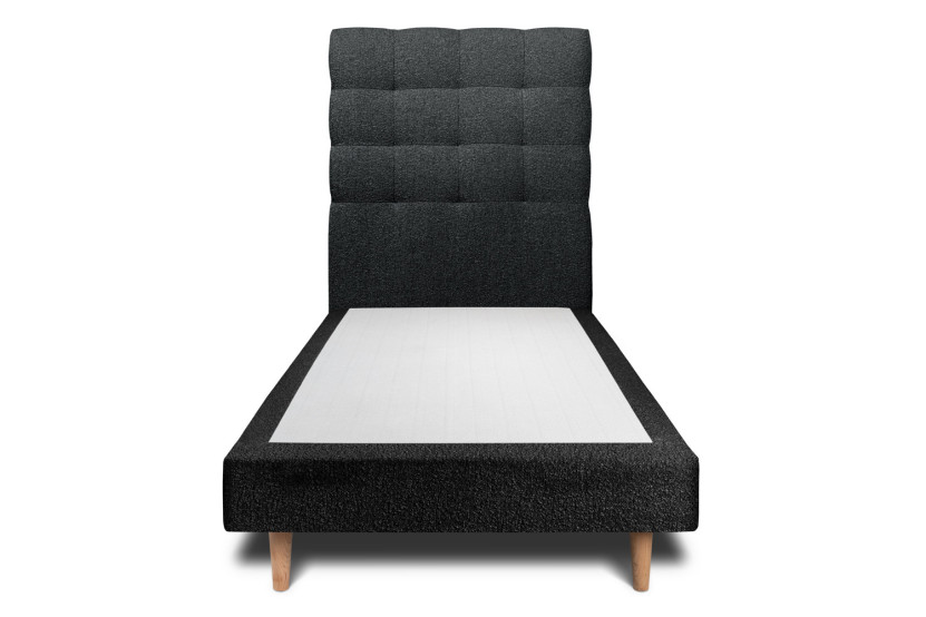 Lit 90x200 cm - Sommier tapissier H29 cm + tête de lit capitonnée - Tissu Bouclette Noir
