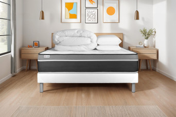 Pack lit complet 180x200 cm - Matelas + Sommier Blanc (en kit) + 2 oreillers + Couette - Vital Care