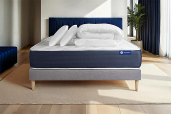 Pack lit complet 140x190 cm - Matelas + Sommier Gris (en kit) + 2 oreillers + Couette - Actiflex Sleep