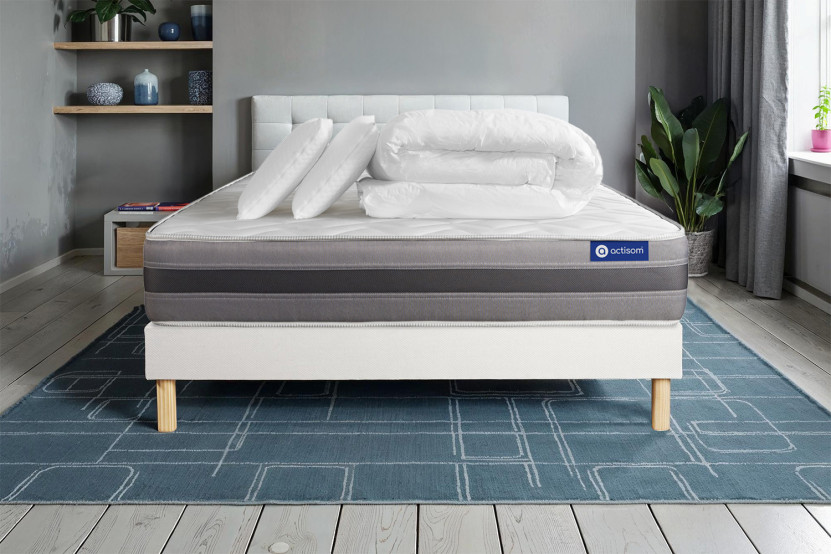 Pack lit complet 140x190 cm - Matelas + Sommier Blanc (en kit) + 2 oreillers + Couette - Actilatex Relax