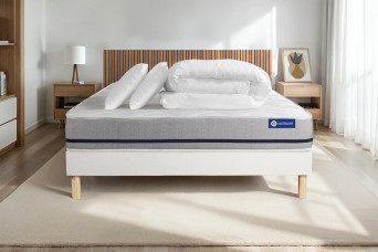 Pack lit complet 140x200 cm - Matelas + Sommier Blanc (en kit) + 2 oreillers + Couette - Actilatex Soft