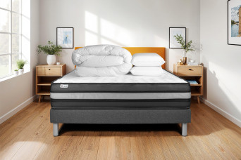 Pack lit complet 200x200 cm - Matelas + Sommier Gris (en kit) + 2 oreillers + Couette - Vital Power Zen
