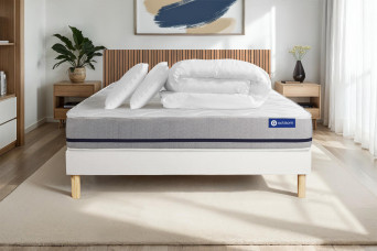 Pack lit complet 180x200 cm - Matelas + Sommier Blanc (en kit) + 2 oreillers + Couette - Actiflex Soft