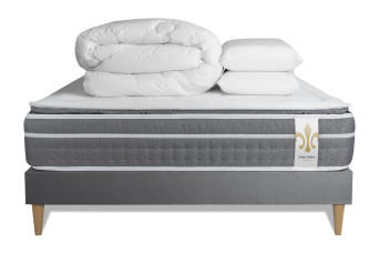 Pack lit complet 180x200 cm - Matelas + Sommier Gris (en kit) + 2 oreillers + Couette - Trente PLUS