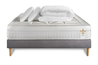 Pack lit complet 140x200 cm - Matelas + Sommier Gris (en kit) + 2 oreillers + Couette - Vingt-Huit