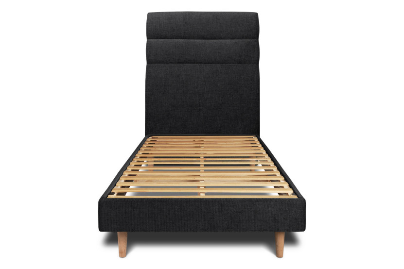 Lit 90x200 cm - Sommier à lattes H29 cm + tête de lit à lignes - Tissu Toile natté Noir