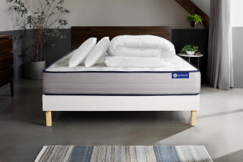 Pack lit complet 140x190 cm - Matelas + Sommier Blanc (en kit) + 2 oreillers + Couette - Actimemo Form