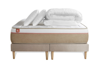 Pack lit complet 180x200 cm - Matelas + 2 Sommiers Beiges + 2 oreillers + Couette - Le Soyeux