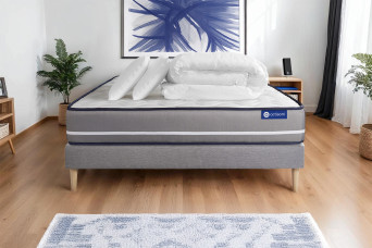 Pack lit complet 200x200 cm - Matelas + Sommier Gris (en kit) + 2 oreillers + Couette - Actilatex Pur