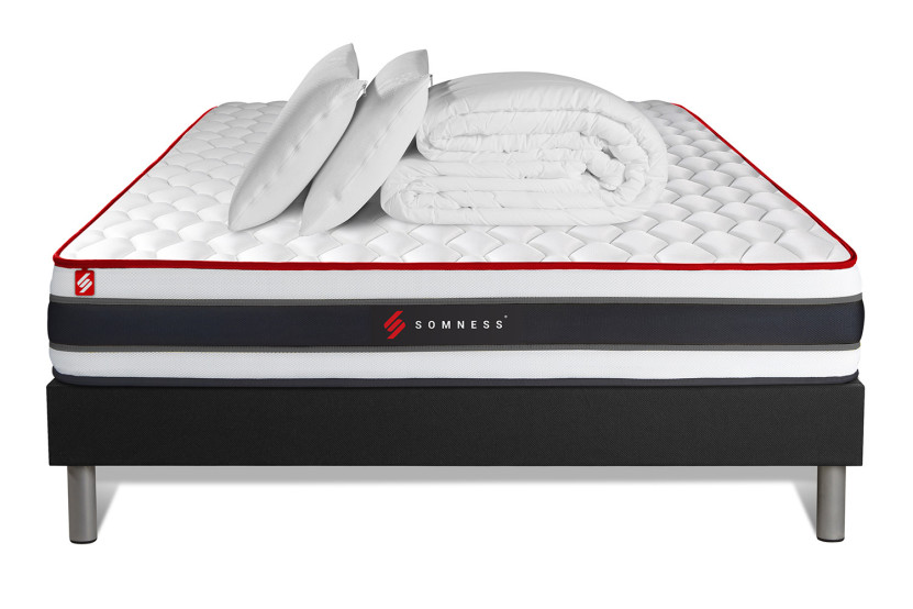 Pack lit complet 200x200 cm - Matelas + Sommier Noir (en kit) + 2 oreillers + Couette - Energy