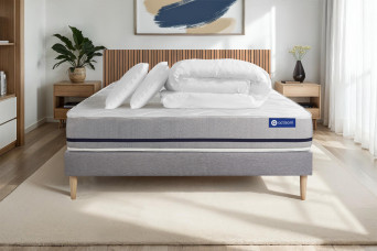 Pack lit complet 140x190 cm - Matelas + Sommier Gris (en kit) + 2 oreillers + Couette - Actiflex Soft