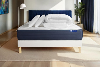 Pack lit complet 140x190 cm - Matelas + Sommier Blanc (en kit) + 2 oreillers + Couette - Actilatex Sleep