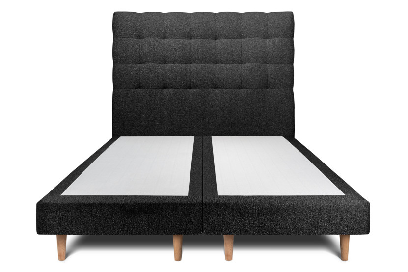 Lit 2x 90x200 cm - Sommier tapissier H29 cm + tête de lit capitonnée - Tissu Bouclette Noir