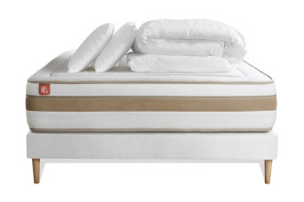 Pack lit complet 140x200 cm - Matelas + Sommier Blanc (en kit) + 2 oreillers + Couette - Le Raffiné