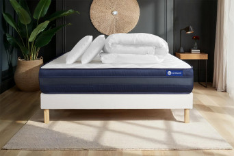 Pack lit complet 140x190 cm - Matelas + Sommier Blanc (en kit) + 2 oreillers + Couette - Actimemo Tech