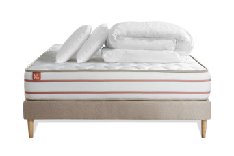 Pack lit complet 160x200 cm - Matelas + Sommier Beige + 2 oreillers + Couette - Le Doux
