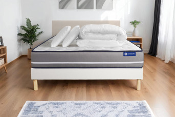 Pack lit complet 200x200 cm - Matelas + Sommier Blanc (en kit) + 2 oreillers + Couette - Actimemo Pur