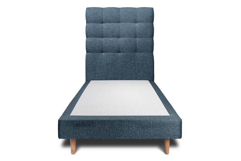 Lit 90x200 cm - Sommier tapissier H29 cm + tête de lit capitonnée - Tissu Bouclette Bleu