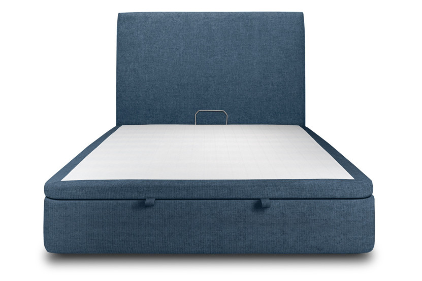 Lit coffre 180x200 cm avec Tête de lit tapissée - Tissu Toile natté Bleu Océan
