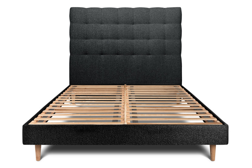 Lit 180x200 cm - Sommier à lattes H29 cm + tête de lit capitonnée - Tissu Bouclette Noir