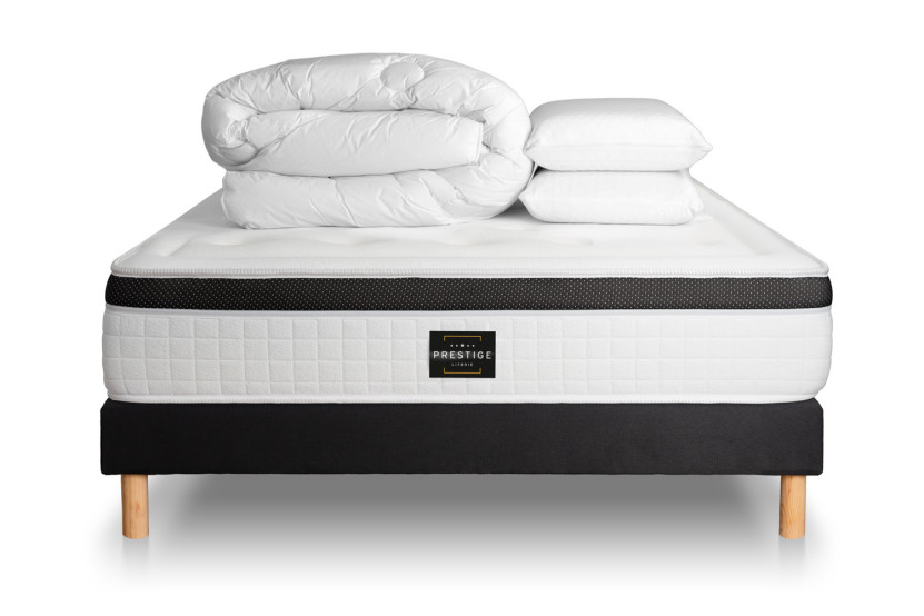 Pack lit complet 180x200 cm - Matelas + Sommier Noir (en kit) + 2 oreillers + Couette - Privilège