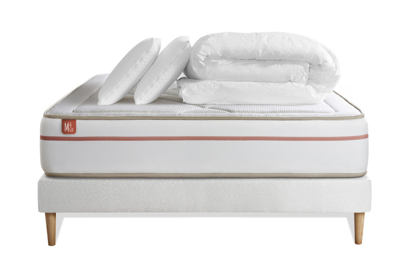 Pack lit complet 200x200 cm - Matelas + Sommier Blanc (en kit) + 2 oreillers + Couette - Le Paisible