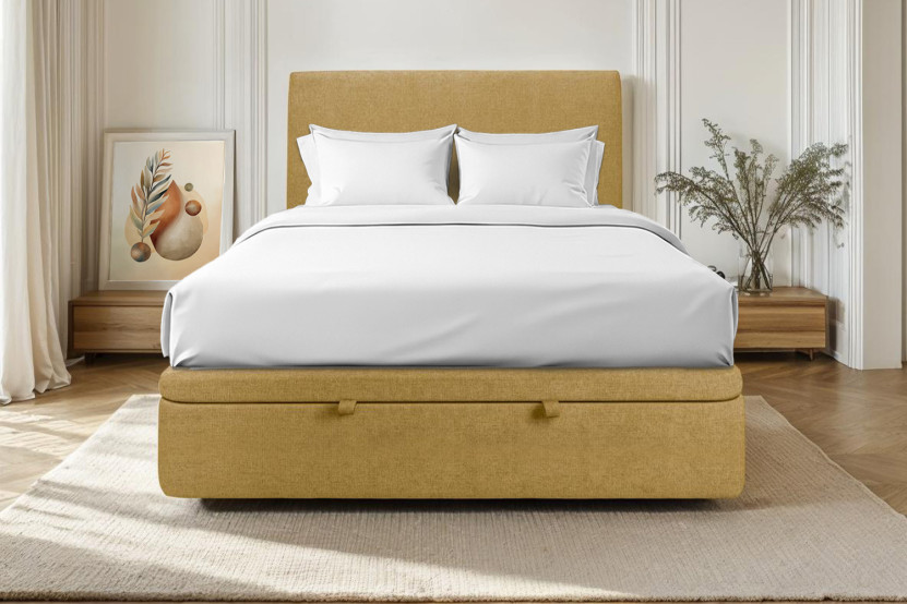 Lit coffre 180x200 cm avec Tête de lit tapissée - Tissu Toile natté Jaune