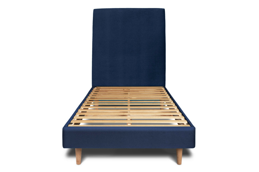 Lit 90x190 cm - Sommier à lattes H29 cm + tête de lit tapissée - Tissu Velours Bleu Océan