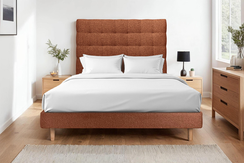 Lit 180x200 cm - Sommier à lattes H29 cm + tête de lit capitonnée - Tissu Bouclette Terracotta