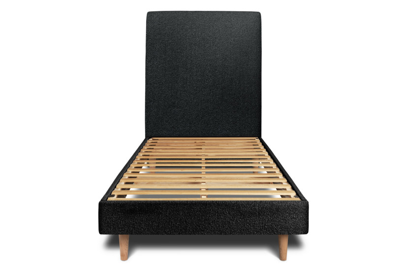 Lit 90x190 cm - Sommier à lattes H29 cm + tête de lit tapissée - Tissu Bouclette Noir