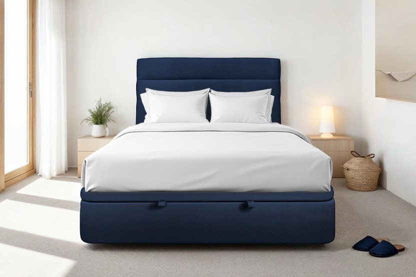 Lit coffre 180x200 cm avec Tête de lit à lignes - Tissu Velours Bleu Océan