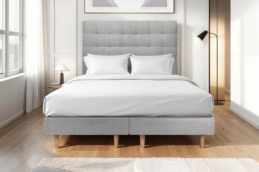 Lit 2x 90x200 cm - Sommier tapissier H29 cm + tête de lit capitonnée - Tissu Bouclette Gris