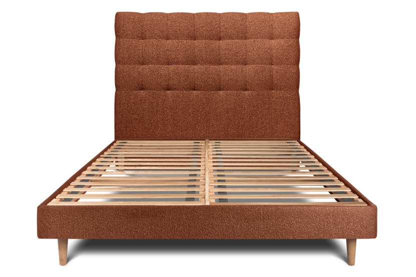 Lit 160x200 cm - Sommier à lattes H29 cm + tête de lit capitonnée - Tissu Bouclette Terracotta