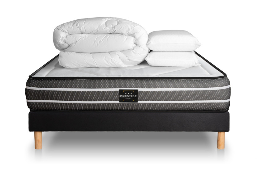 Pack lit complet 200x200 cm - Matelas + Sommier Noir (en kit) + 2 oreillers + Couette - Exclusive