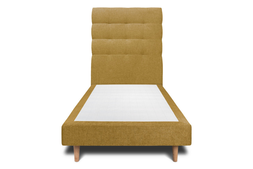 Lit 90x200 cm - Sommier tapissier H29 cm + tête de lit capitonnée - Tissu Toile natté Jaune
