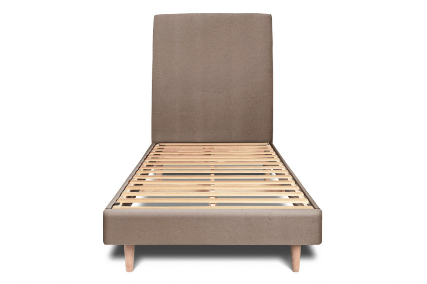 Lit 90x190 cm - Sommier à lattes H29 cm + tête de lit tapissée - Tissu Velours Taupe